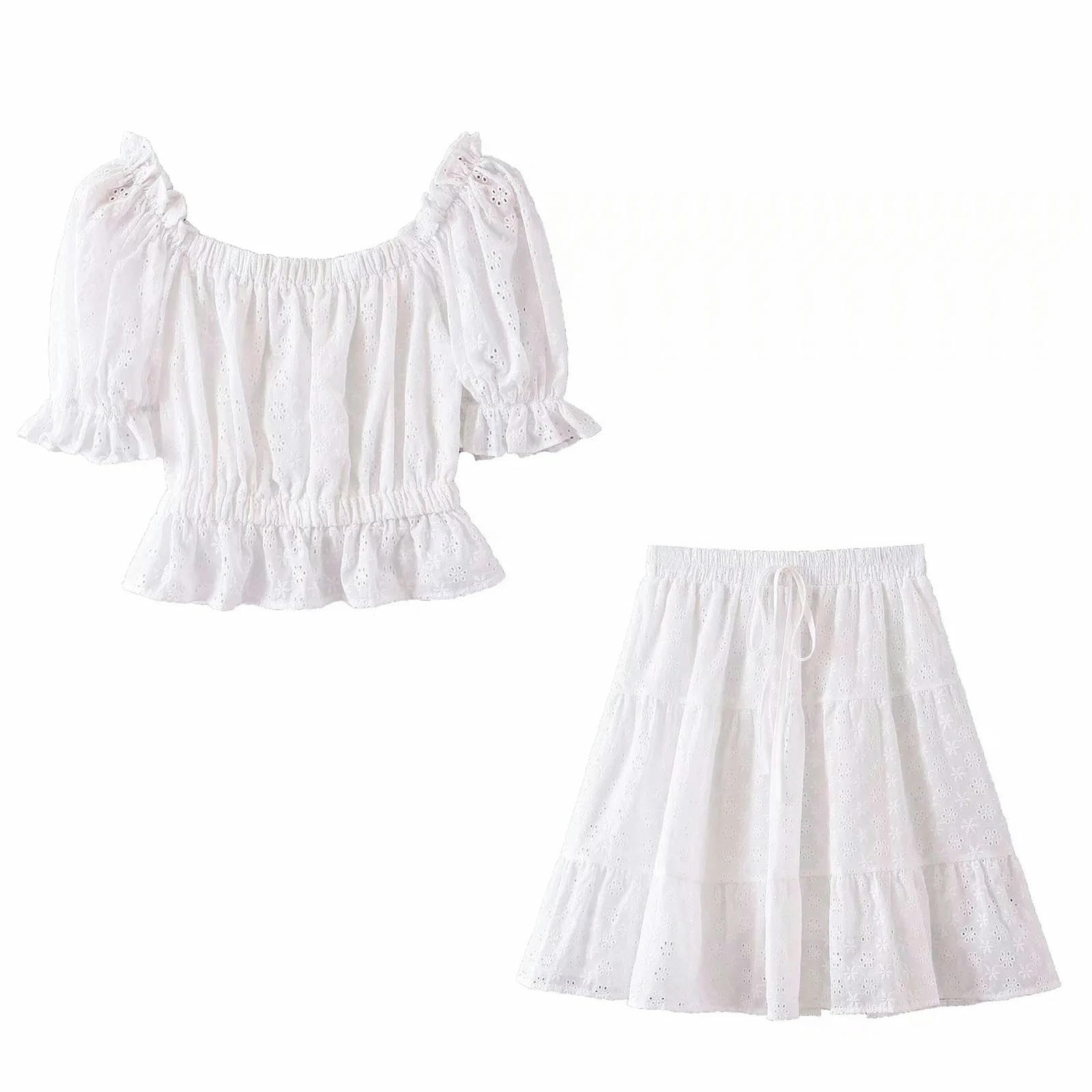 Conjunto de Falda y Top Corto de Encaje Completo de una línea para niña Nueva-Blanco-L