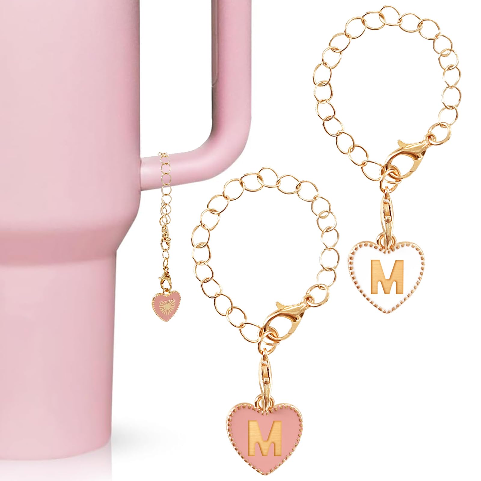 Yanmucy Letter Charm Accessories for Stanley Cup 2Pcs Heart Alphabet Personalized ID Adjustable Pendant Charm for Backpacks (Letter M)
