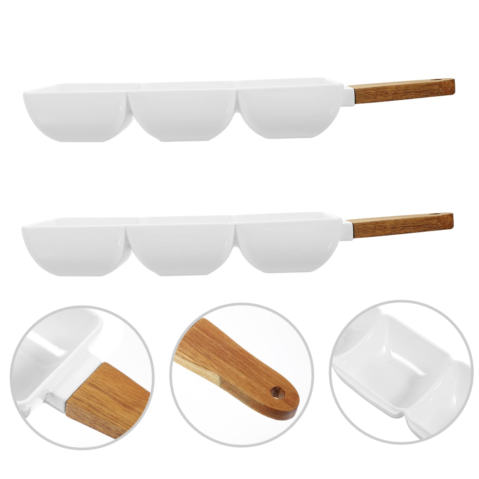 Sosoport 2 piezas Bol de Cerámica con Asa de Madera y Compartimentos para Snacks y Ensaladas para Aperitivos y Decoración de Mesa