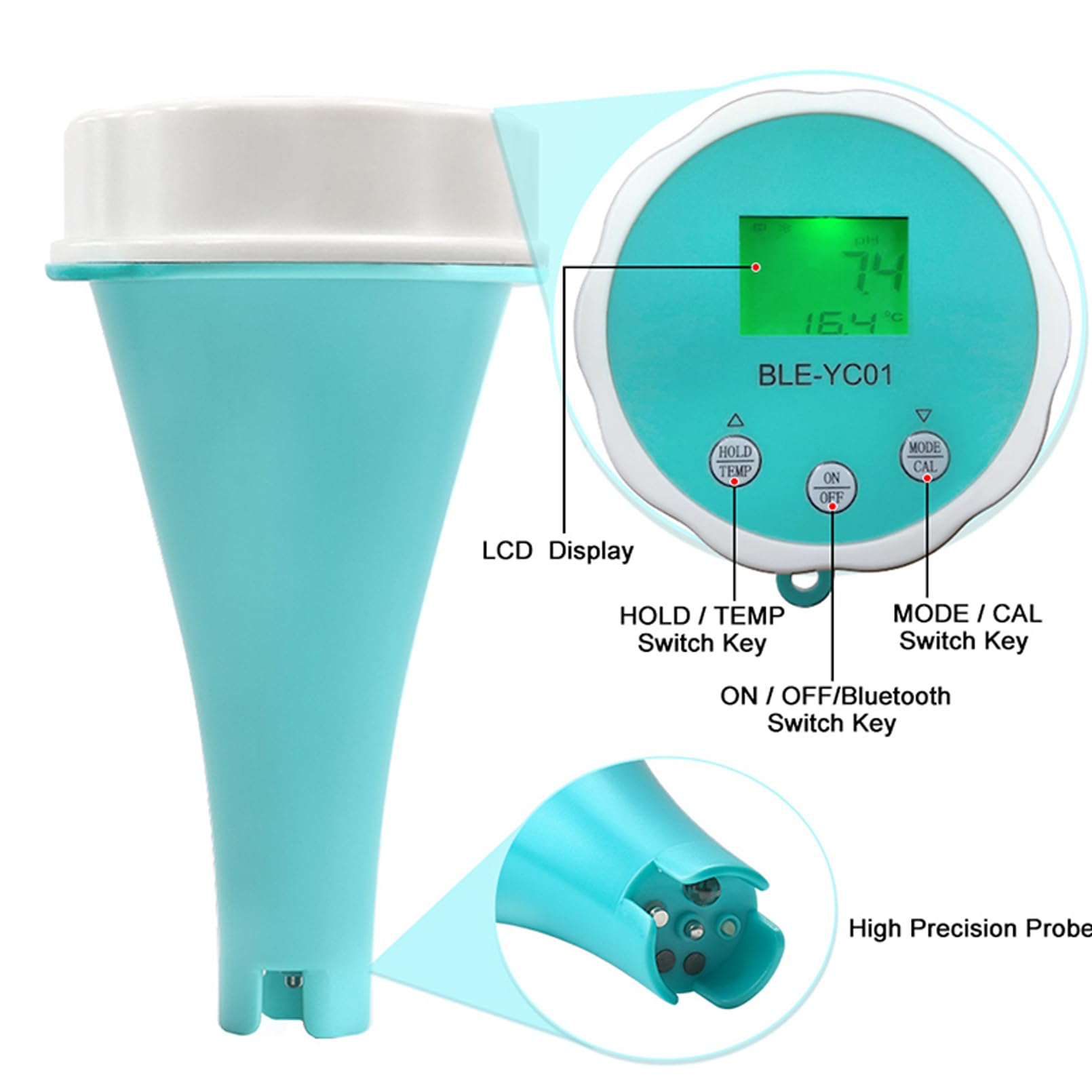 SYUFRE Medidor de Ph Bluetooth, Ip67 a Prueba de Agua Múltiples Pantallas en Una Pantalla PH EC TDS ORP Temp Residual Chlorine Water Tester Pen Sonda de Precisión para Agua Potable Piscina Acuario