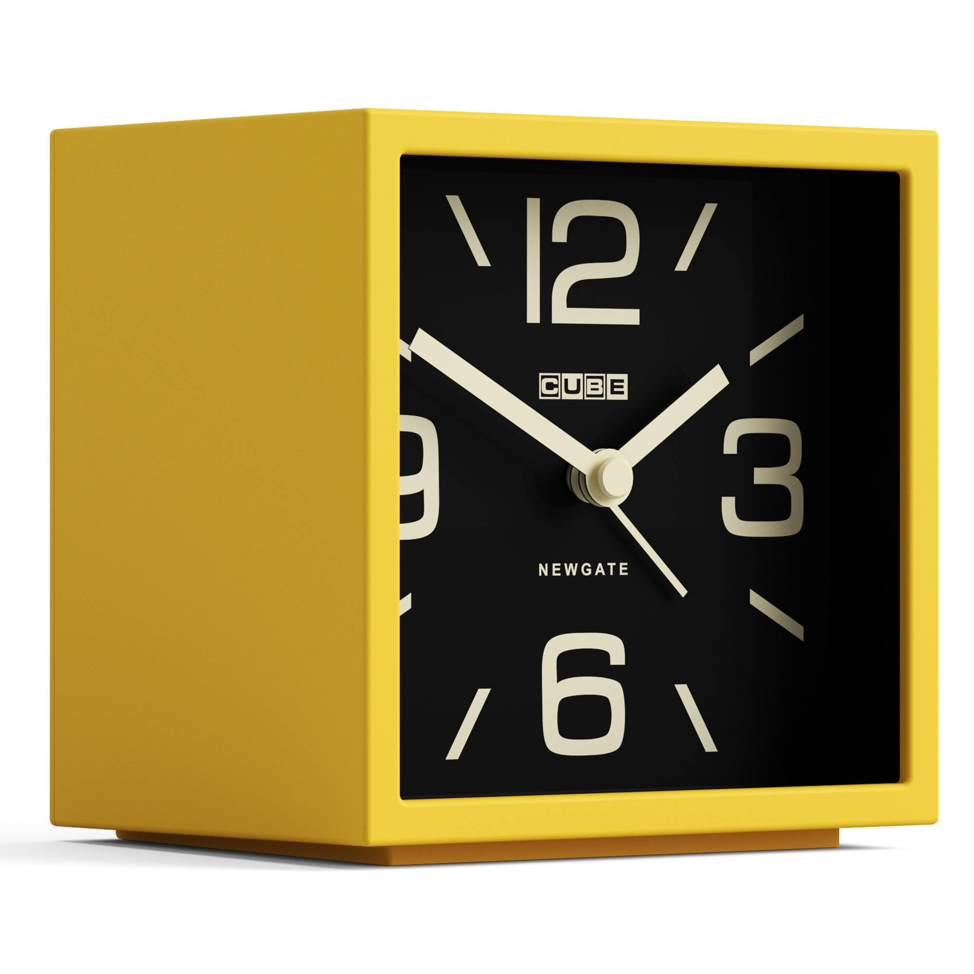 NEWGATE® Cube alarm clock | Design-led cube shaped retro alarm | Citrus yellow | Ideal for bedside, desk, shelf & mantel | Mid-century retro bedroom & office accessory