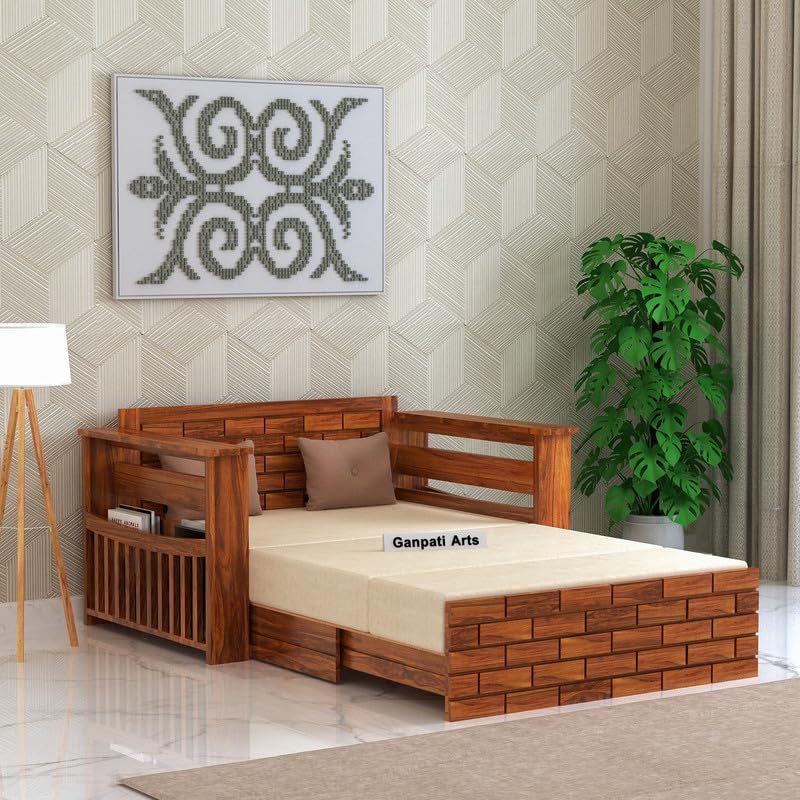 Ganpati Arts Solid Sheesham Wood 2 Seater Sofa Cum Italian Bed With Headboard And Mini Storage For Home Office Living Room Wooden Sofa Furniture (Natural Finish, Brown,Beige)