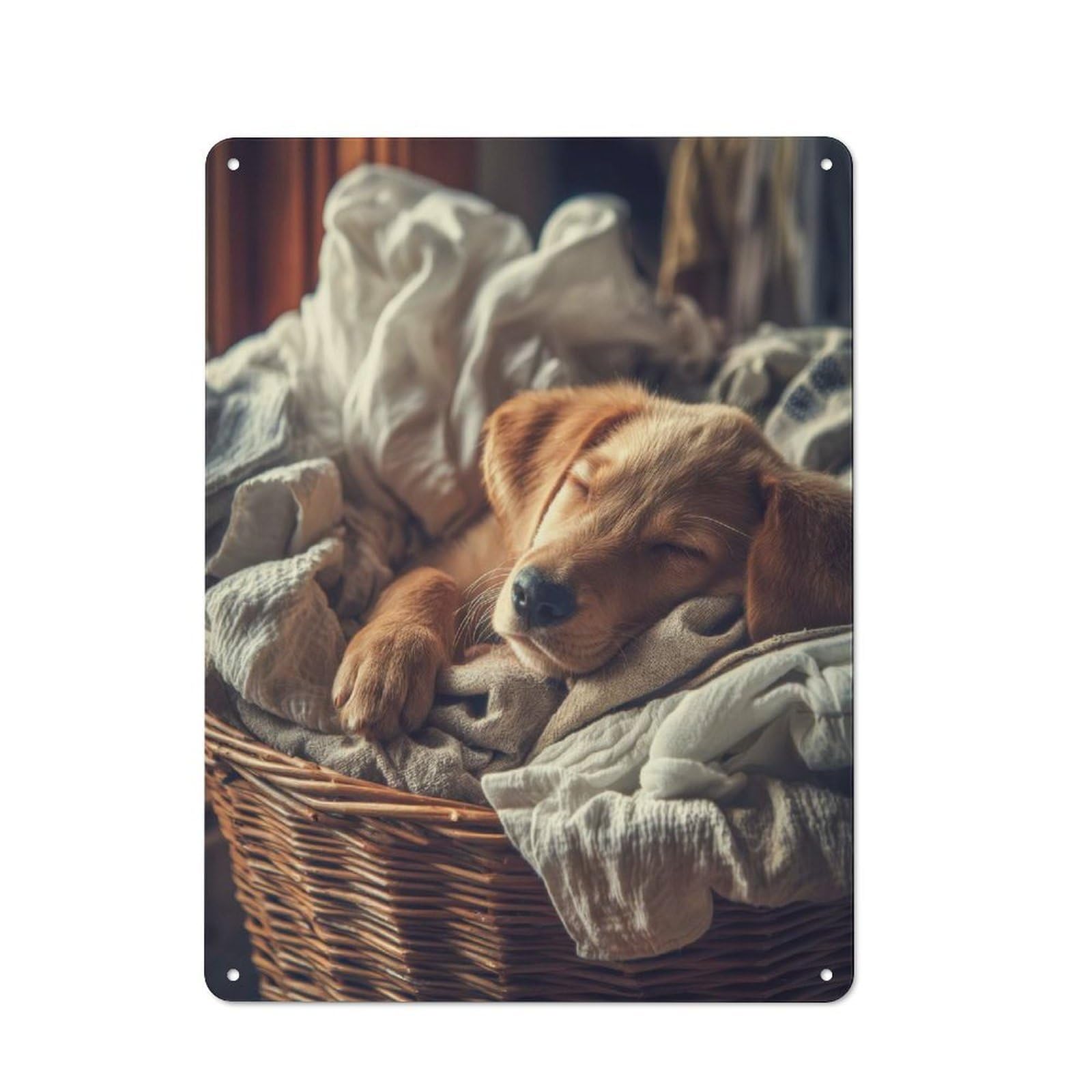 Junmoney Sleeping Puppy In Laundry Basket Metal Wall Sign 40X30cm Featuring For Garage Wall, A Housewarming Gift For People Furnishing A Garage