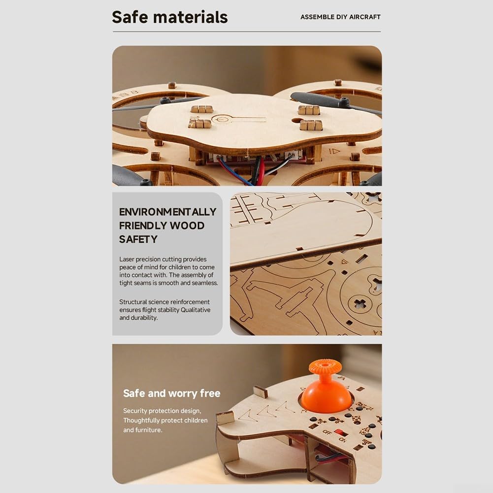 Kit de construcción de drones de madera, modelo de automontaje con control de vuelo de 4 ejes para vuelos estables, cuadricóptero teledirigido DIY Set de madera para niños y adultos como regalo para