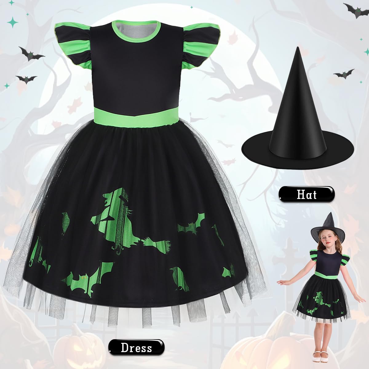 Marendyee Kids Party Dress Black Witch Costume Christmas Dresses World Book Day Costumes for Girls Princess Cosplay Dress Up with Witches Hat Children's School Stage Role Play Outfit 7-8 Years - Image 2