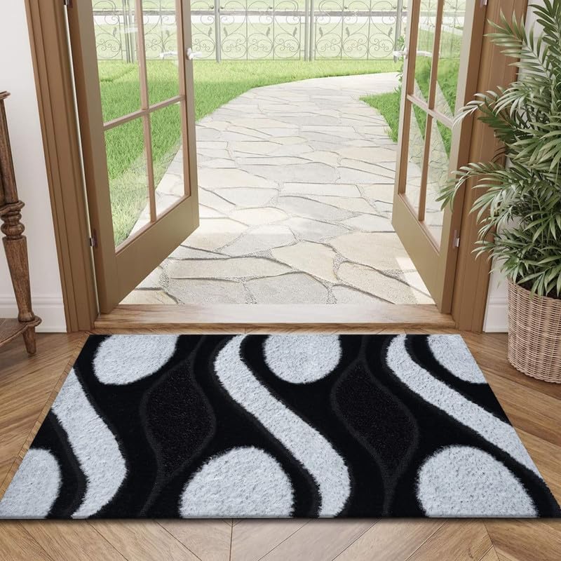 Rugs Inn Swirl Door Mat - Non-Slip Washable Doormat, Suitable for Indoor Use, Heavy Duty Welcome Dirt Trapper Floor Mat for Entrance, Hallway, Kitchen & Entryway – (Black & White, 60x110 cm)