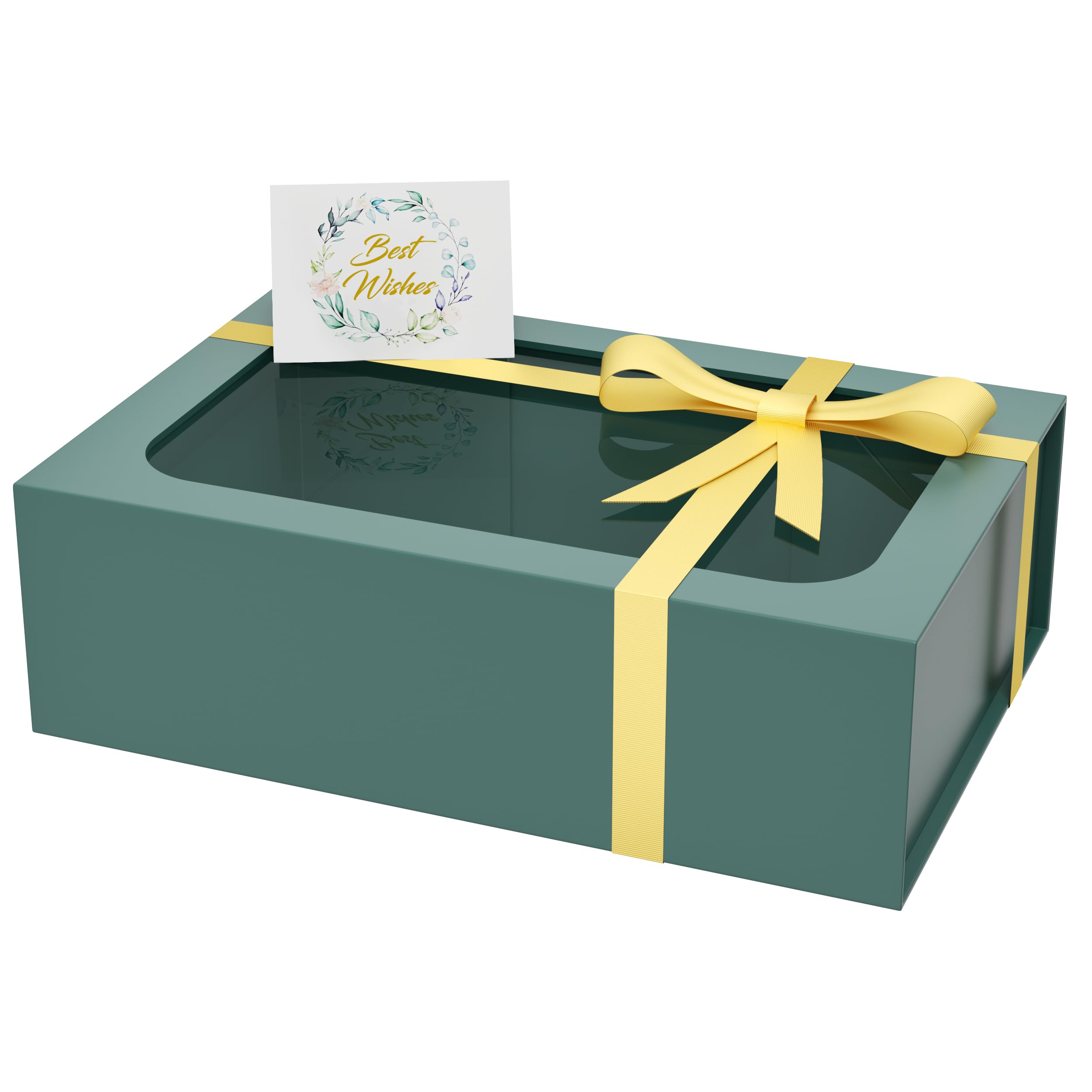 PSHVYM Große Geschenkbox mit Fenster, 34,9 x 22,9 x 10,9 cm, in grüner Geschenkbox für Geschenke, magnetische Deckel, zusammenklappbar, für Brautjungfernantragsbox, Hochzeit, Geburtstag, Weihnachten,
