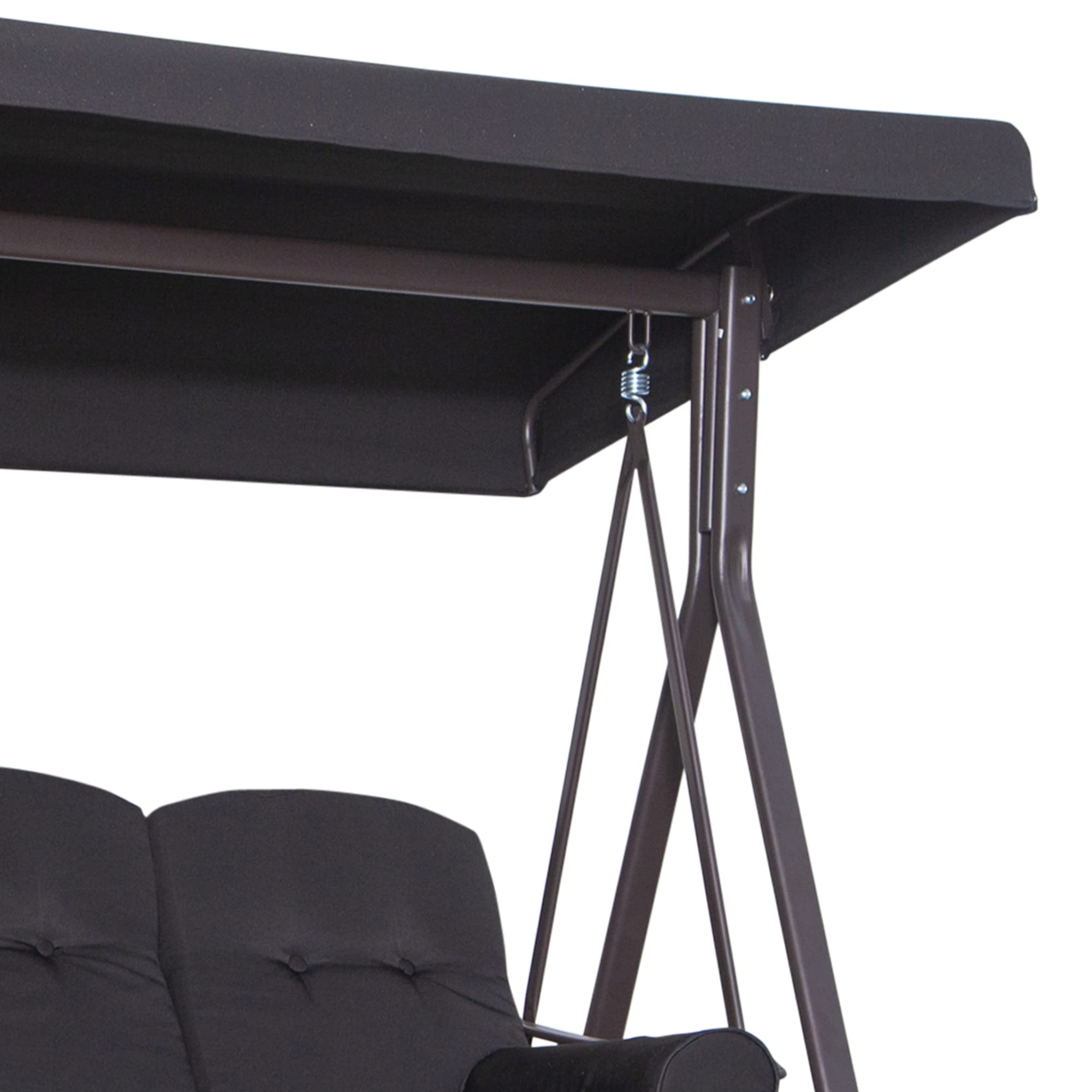 Outsunny Balancín de Jardín Exterior de 3 Plazas Columpio de Jardín Exterior con Toldo Curvo 2 Bandejas Laterales y 2 Almohadas de Brazo para Balcón Terraza Patio Carga 360 kg 206x116x183 cm Negro