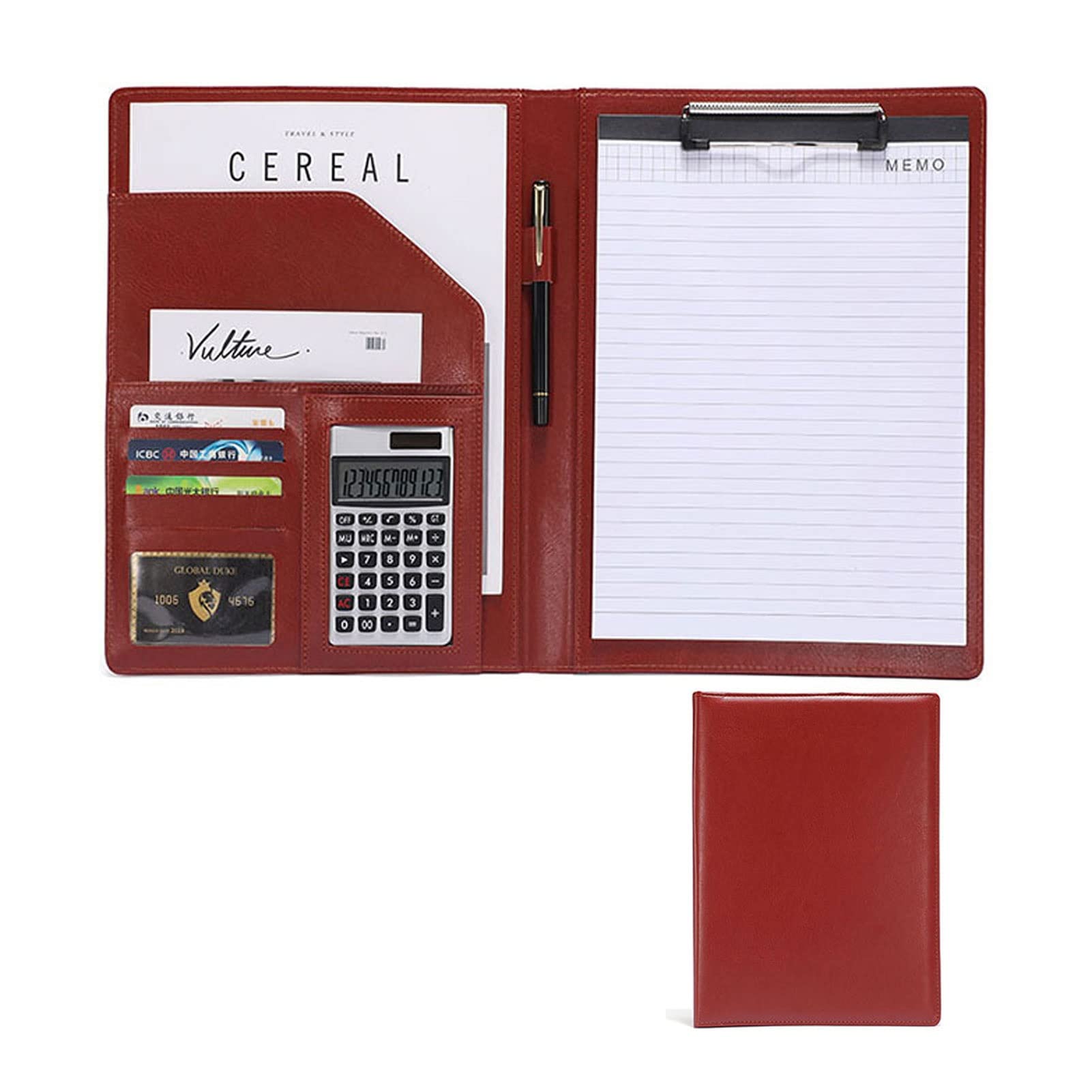 Porte documents A4 en cuir PU marron avec calculatrice et dossier de conférence