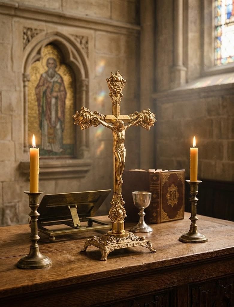 arterameferro Crocifisso in ottone lucido da tavolo con base per Altare Chiesa