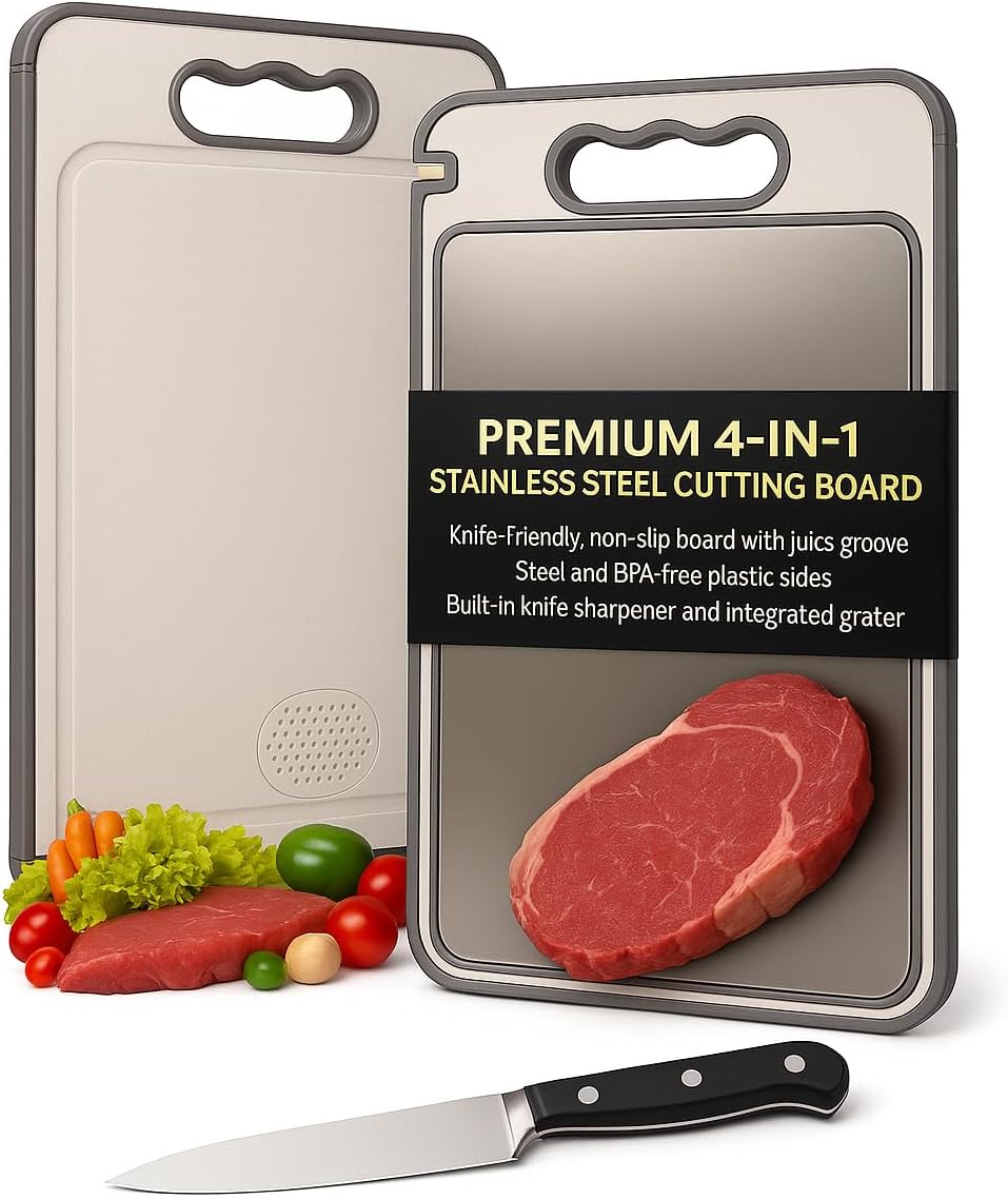 Stainless Steel Cutting Board, Double Sided (304 Steel + BPA-Free PP Plastic), Dishwasher Safe, Non-Slip, Deep Juice Groove/Lip, Handle, Built-In Knife Sharpener & Integrated Grater
