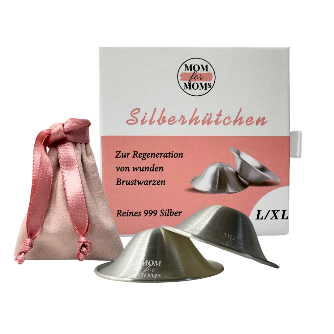 Mom for Moms Silberhütchen 999er Silber/natürliche Wundheilung der Brustwarzen/für ein angenehmes Stillen und Wochenbett/mehr Platz und Schutz der Brustwarzen/Stillzubehör 2 Stk (L/XL)