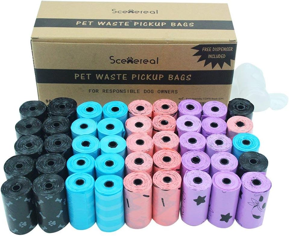 Dog Poop Bags with Dispenser 45 Rolls/ 900 Counts Earth Friendly Waste Bag Thick and Leak Proof Colorful (Black, Blue, Pink, Purple)