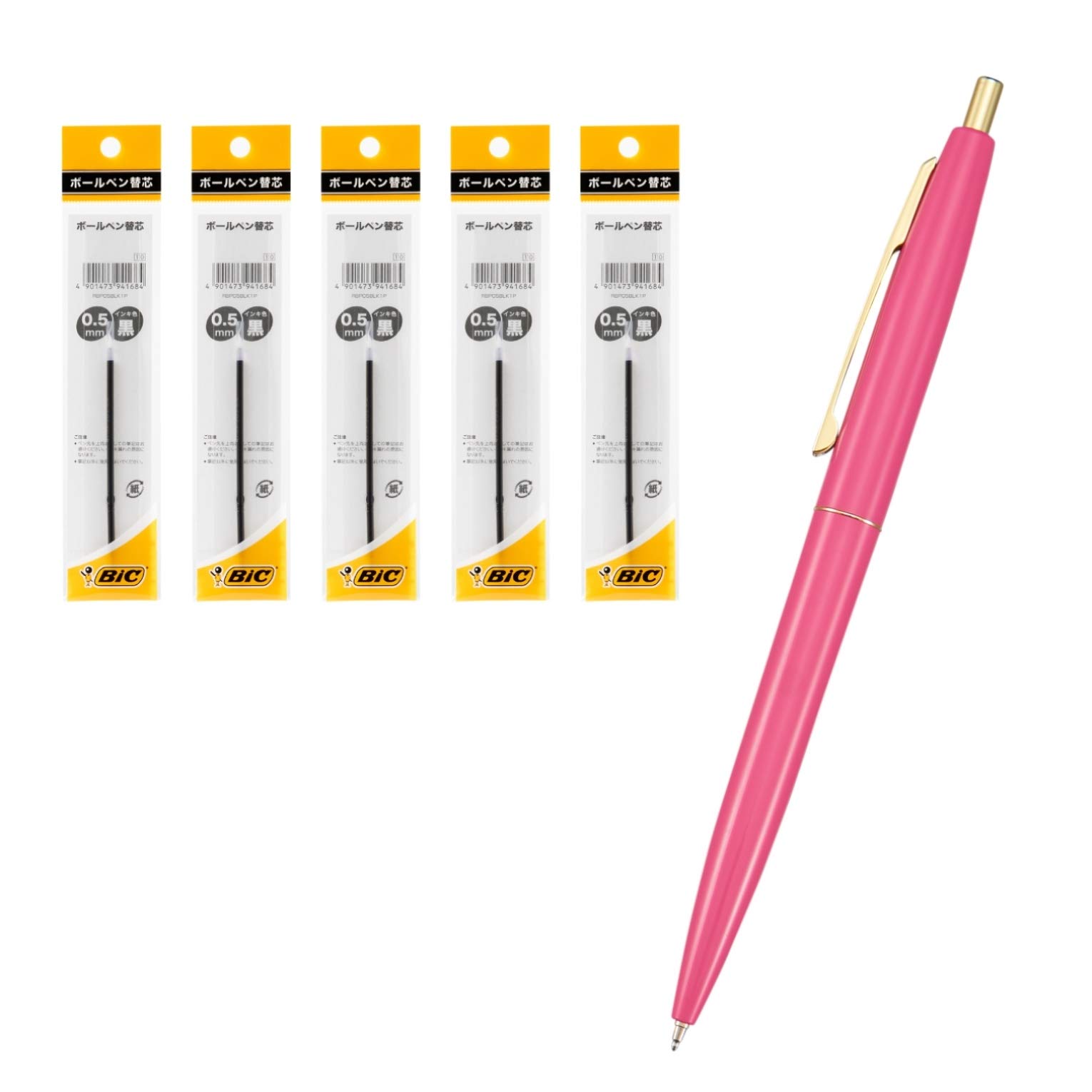Big CLG05-CPKRF5 Ballpoint Pen, Click Gold, 0.5, Oil-Based, Black, Smooth, Cherry Pink Base, Set of 5 Refills