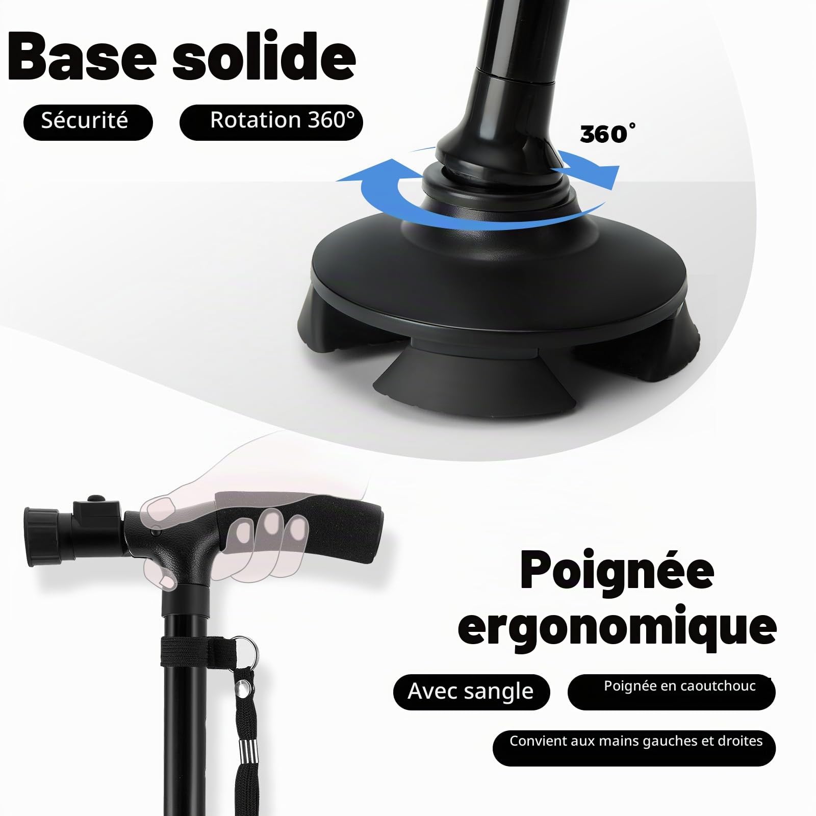 Canne de Marche Pliante avec Lumière LED, Ohuhu Bâton de Marche Hauteur Réglable pour Homme et Femme, Personnes Âgées, Pliable Portable, avec Coussin en T et Base pivotante, Sac de Transport