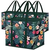 BALEINE 3Pk Reusable Grocery Bags, Foldable Shopping Bags for Groceries with Reinforced Bottom & Handles (Blossom Season)