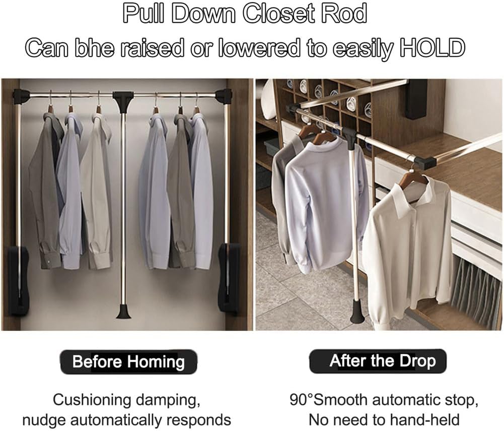Pull Down Wardrobe Rail, Retractable Clothes Hanger, Adjustable Width Space Saving Design, Easy Installation, 90° Pull Down Mechanism, Fits Closets from
