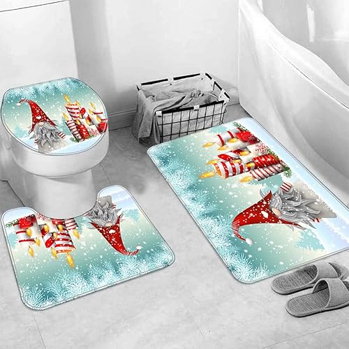 Miniatura 14 de Juego de 4 cortinas de ducha con diseño de Feliz Navidad con alfombras de baño antideslizantes, tapa de inodoro, tapete de baño, cortina de ducha, 4