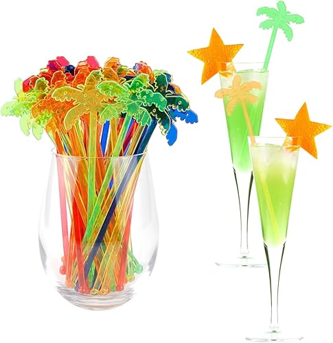 DOERDO - 50 barras de plástico para cócteles Swizzle, barra de mezcla para jugos de chocolate, leche, árbol de coco, 5 colores