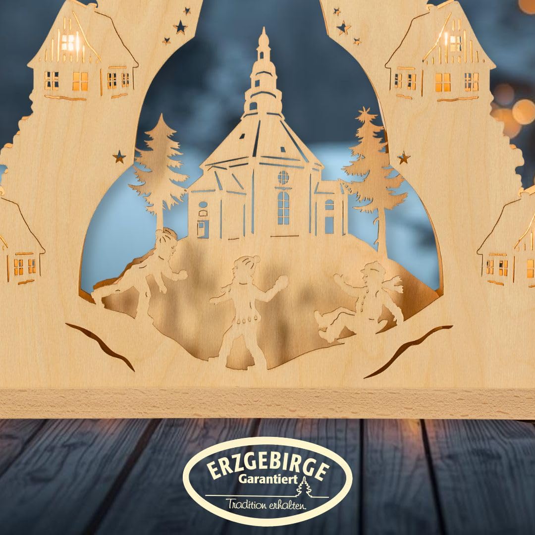 WEIGLA - Lichterspitze original Erzgebirge I Motiv Seiffener Kirche I LED Lichterbogen Weihnachten I 7 Lampenkerzen + 1 Ersatzlampe I 7 x 34 V, 0,2 W, E10 I beleuchtete Weihnachtsdeko innen I aus Holz