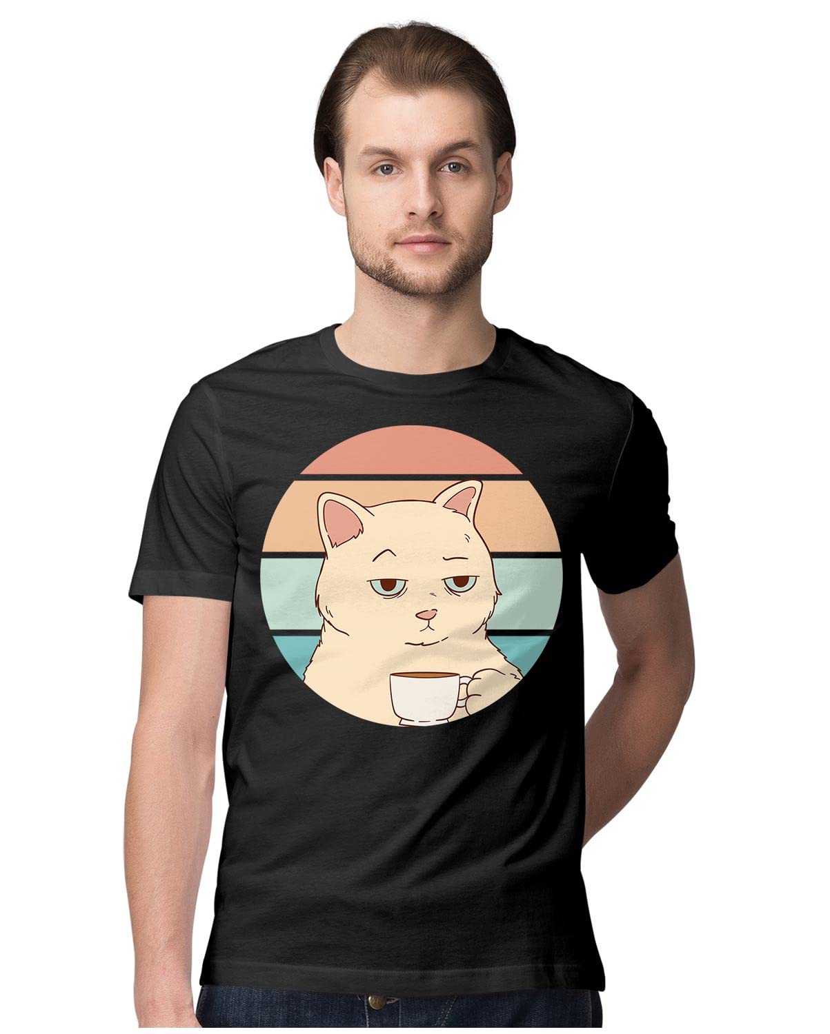HeybrohMen's Regular Fit T-Shirt Bored Cat with Coffee - Retro Sunset 100% Cotton T-Shirt