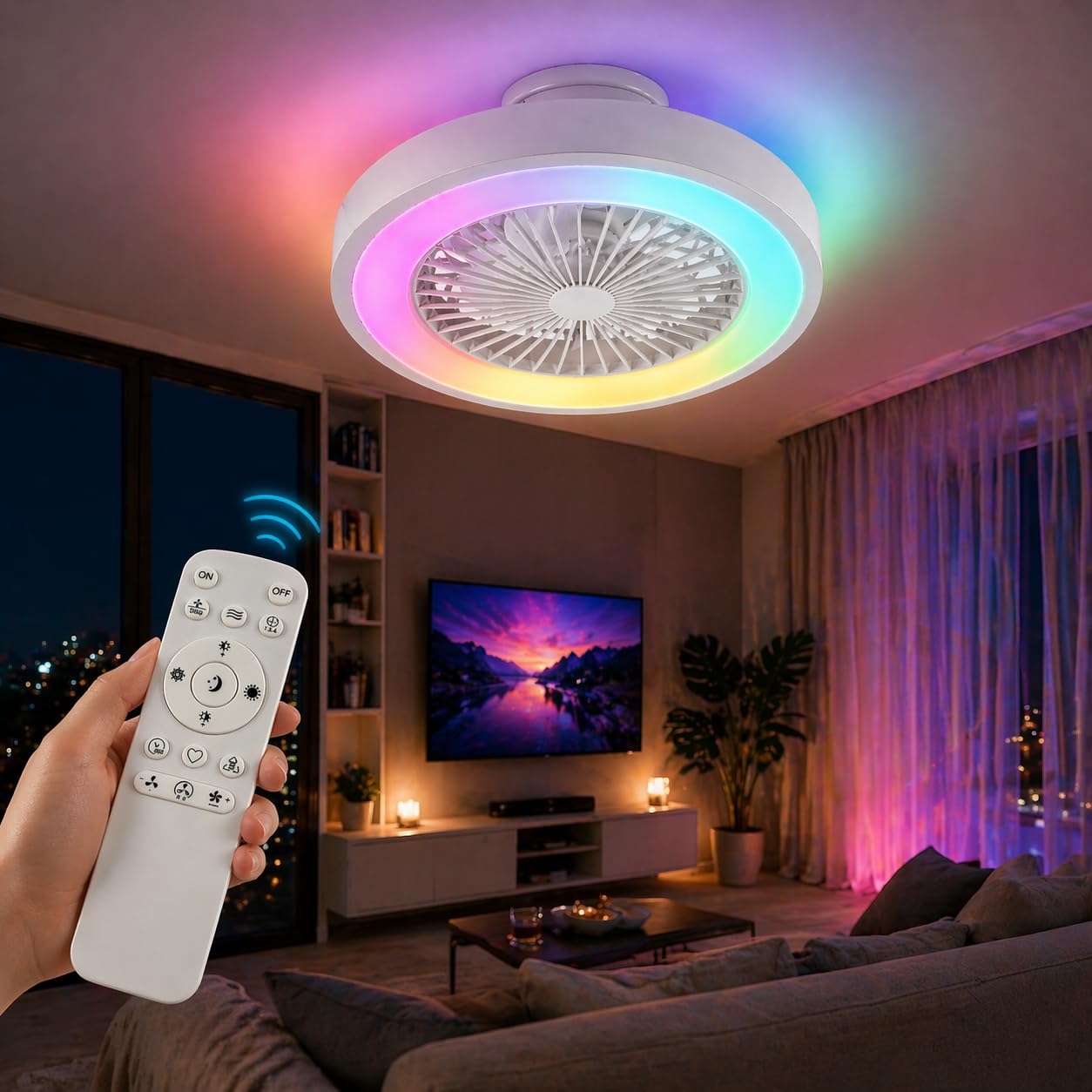 Deckenventilator mit Beleuchtung Leise, LED Deckenlampe mit Ventilator Fernbedienung, Dimmbar, RGB Licht, 6 Stufen, Timer, Sommer/Winter Funktion, für Schlafzimmer Kinderzimmer, 49 cm, Weiß