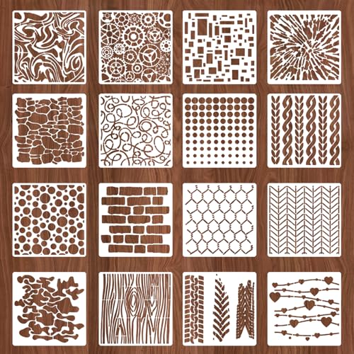 16 plantillas reutilizables para manualidades, plantillas de textura para pintar, 15,24 x 15,24 cm, plantillas de dibujo en capas, pintura en madera, pared, lienzo, ladrillo, patrón en capas