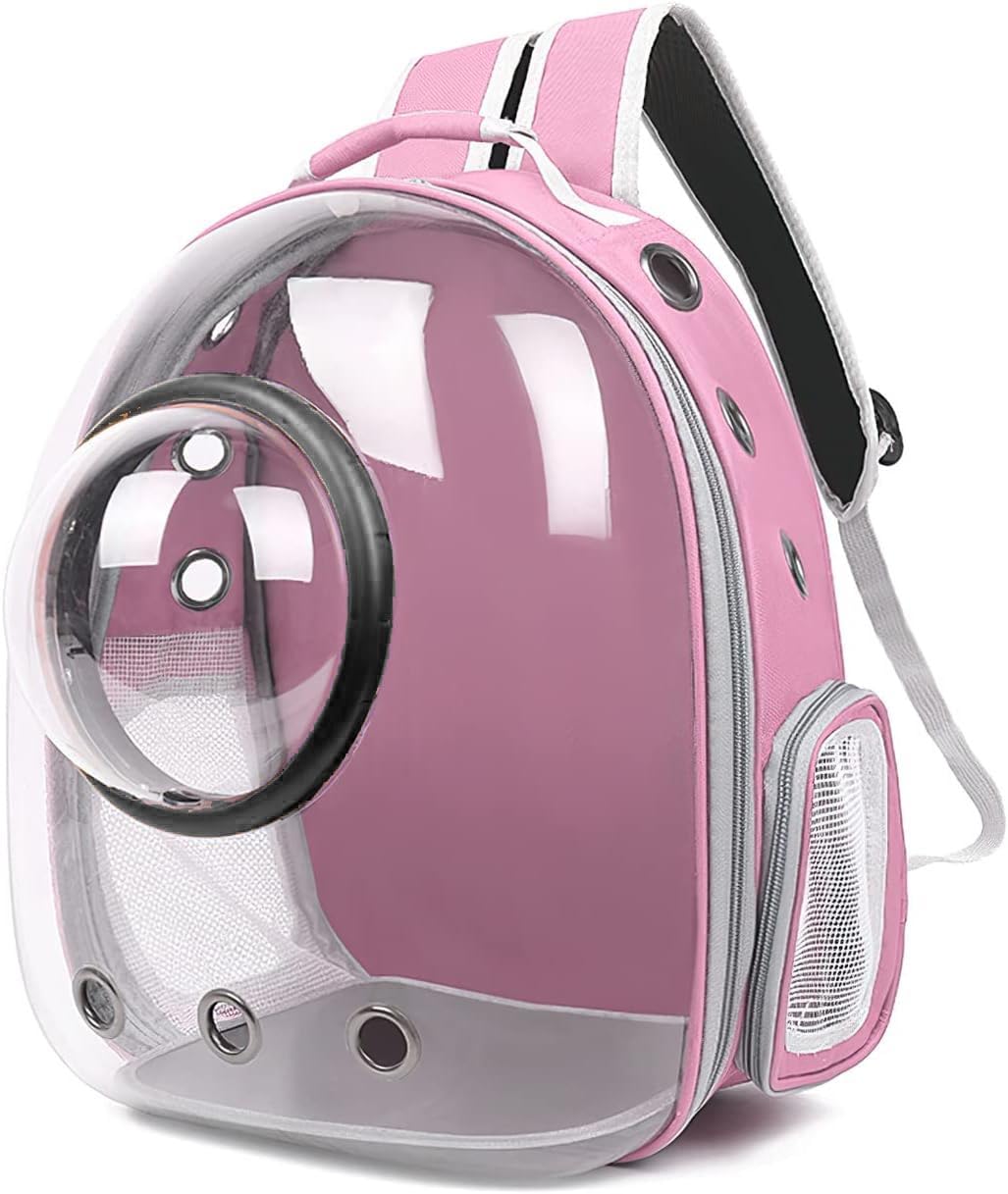 Mochila para Gatos, Mochila para Gatos Al Aire Libre, Mochila Impermeable Transparente, Mochila Mascotas Perros, con Cápsula De Espacio Ventilado (Rosa, Cubierta Transparente)