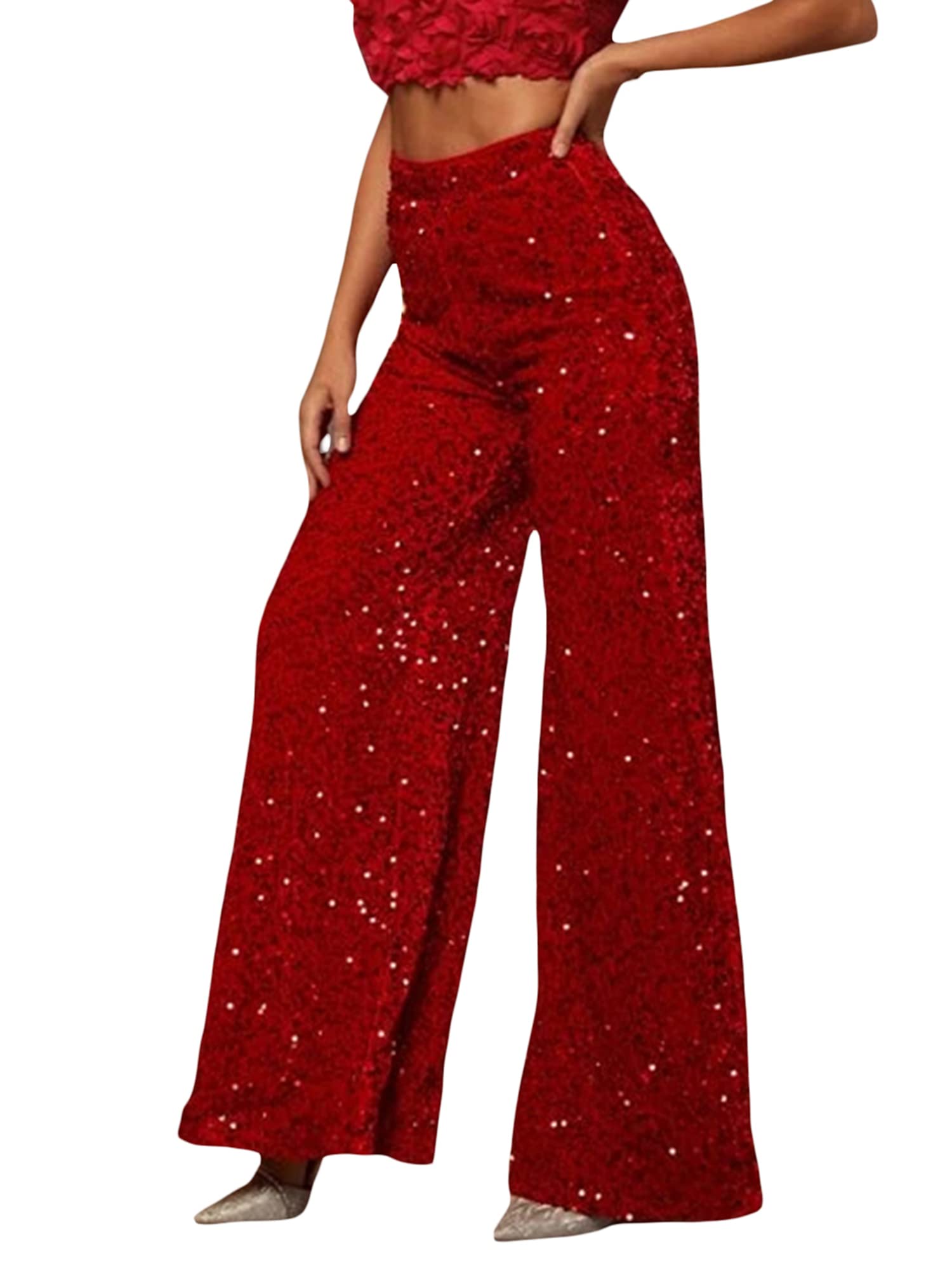 NUFIWI Sequin Bell Bottom Pants for Women High Waist Glitter Wide Leg Pants Sparkle Flared Trousers Disco Clubwear