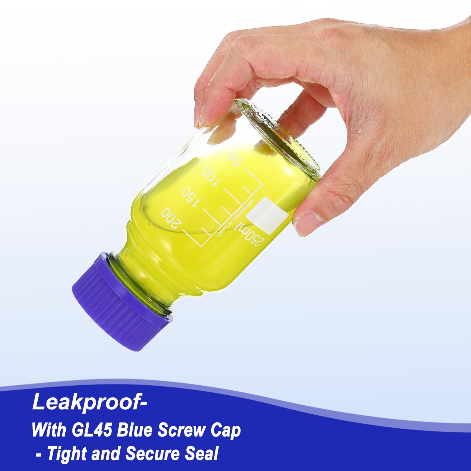 PATIKIL 8pz Bottiglie Supporto Conservazione, 250ml Bottiglie Rotondo Graduato Vetro Borosilicato con GL45 Blu Tappo Vite per Liquidi Reagenti Acqua Laboratorio, Trasparente