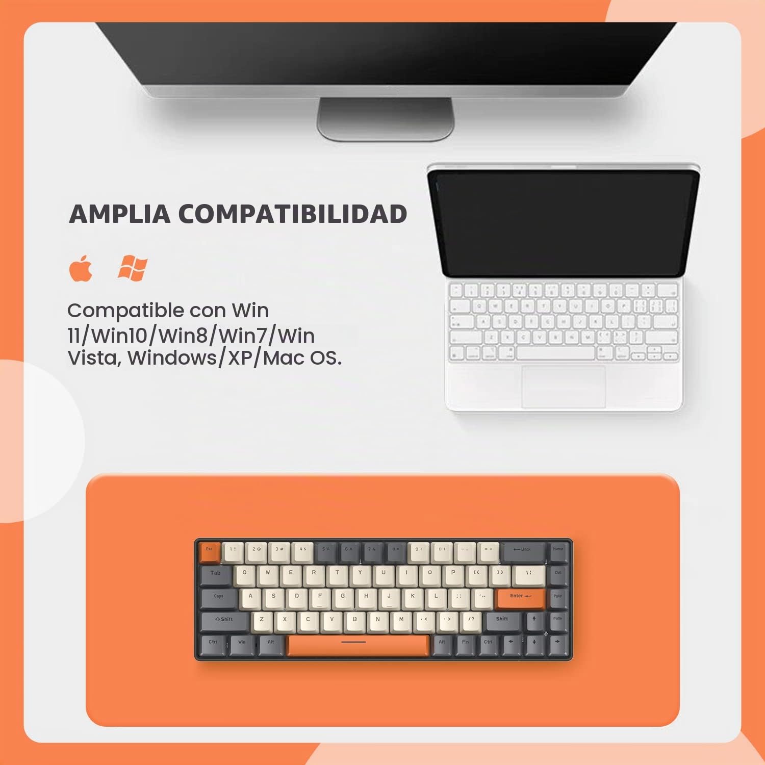 YINDIAO T8 60% Teclado para Juegos,68 Teclas,US Layout,Teclado Mecánico con Cable Compacto,18 Croma RGB Retroiluminado,Interruptor Azul,Cable de Teclado en Espiral USB C,para PC,PS4-Gris Oscuro