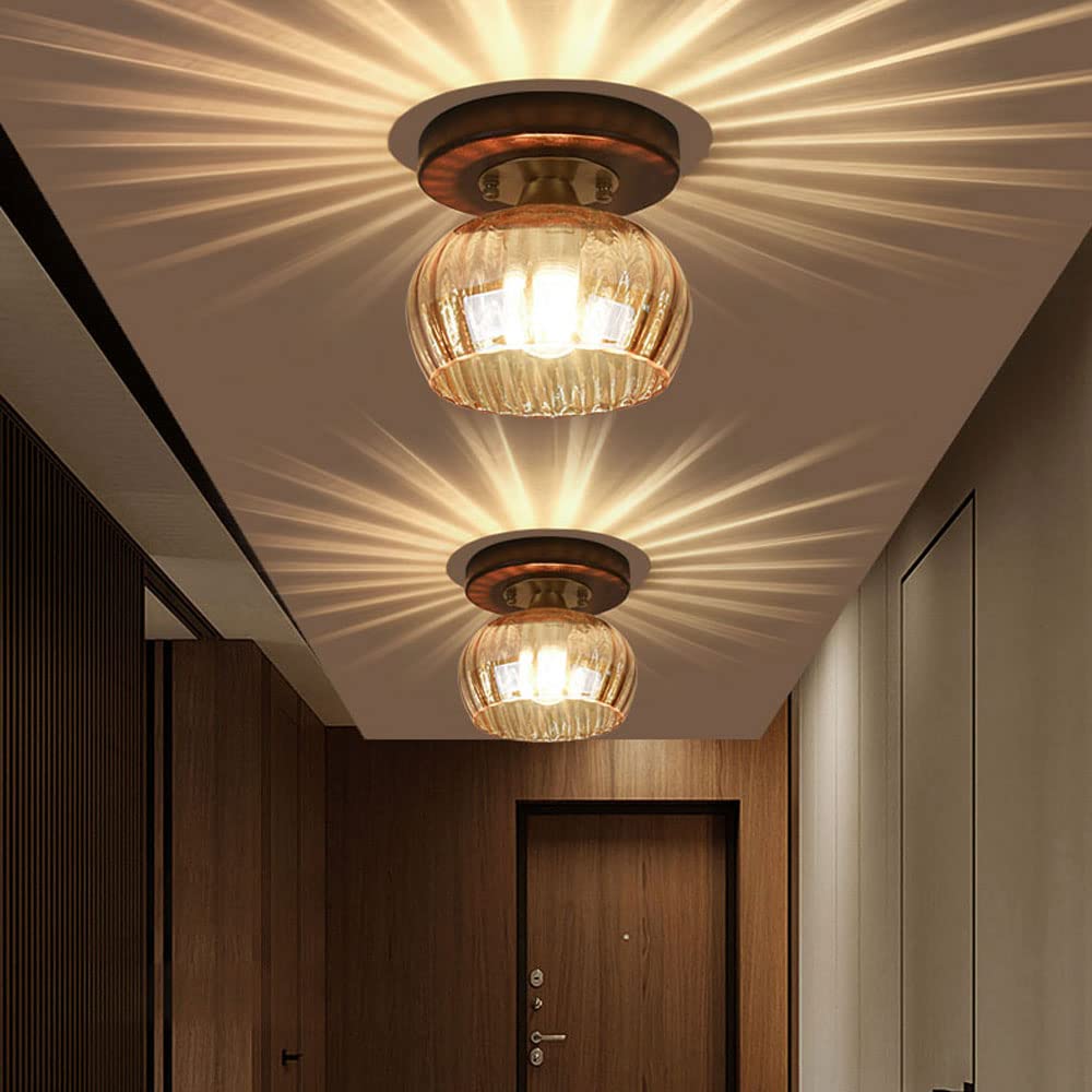 Siet Lampa sufitowa w stylu vintage, oprawa oświetleniowa do przedpokoju, drewno orzechowe Lampa sufitowa do montażu podtynkowego z przezroczystym kloszem ze szkła żebrowego, korytarz Kuchnia zbliżone