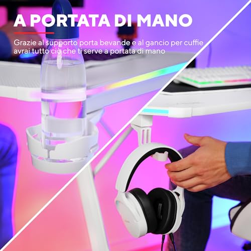 GXT 709W Luminus Scrivania Gaming LED RGB, 10 Modalità Colore, Alimentazione USB, Tavolo Gaming 120 x 60 con Supporto per Cuffia e Portabicchiere, Scrivania Bianca Ufficio, Streaming - Scrivania Gaming - Immagine 7