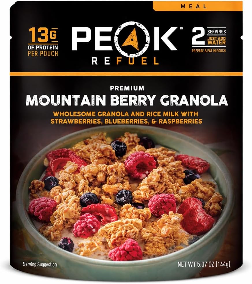 Peak Refuel Mountain Berry Granola with Rice Milk | Vegan, Dairy Free | Freeze Dried Backpacking and Camping Food | Amazing Taste | Quick Prep | Lightweight