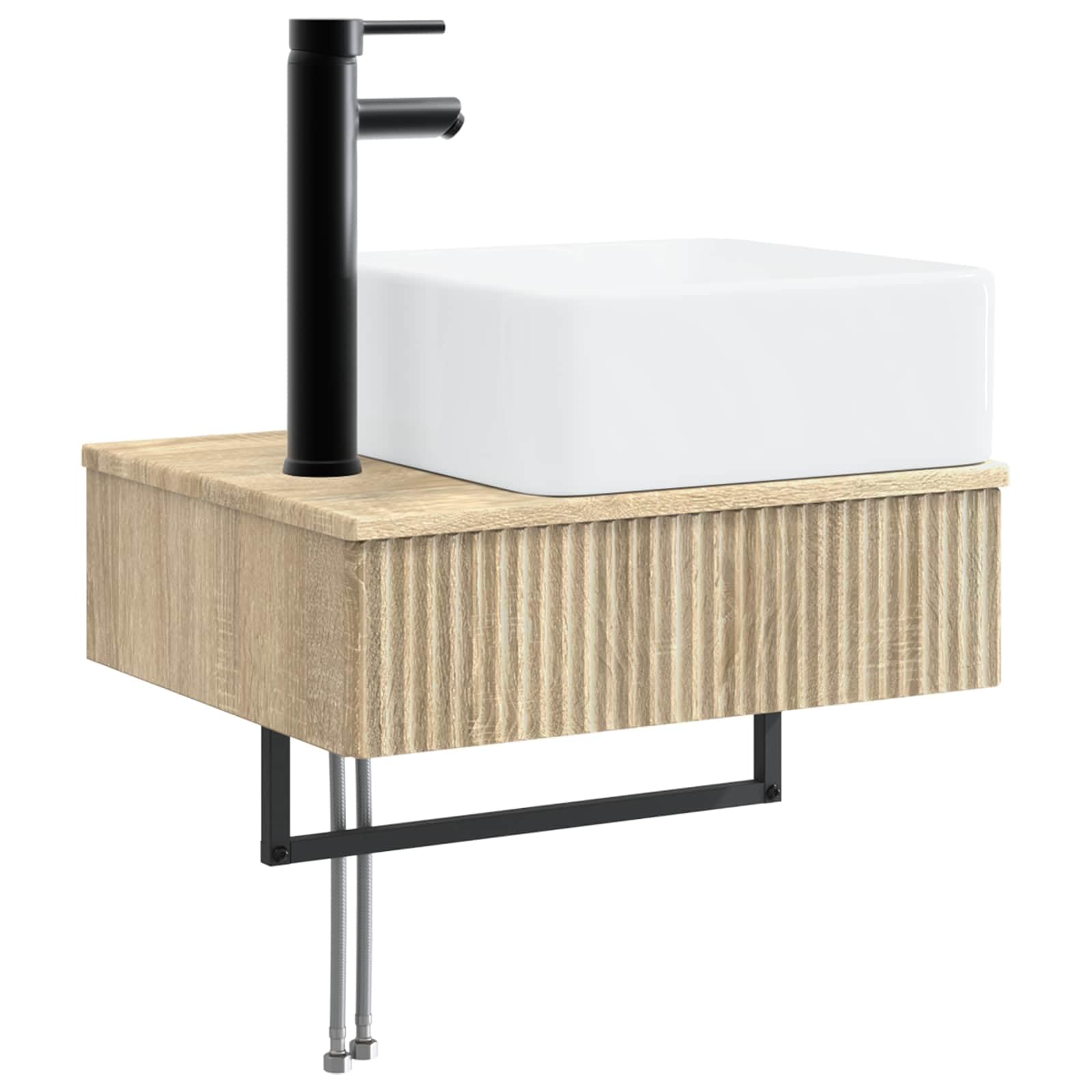 Juego de 5 muebles de baño de roble Sonoma de madera y cristal con espejo LED, montaje en pared para baño moderno, incluye espacio de almacenamiento, iluminación USB, espejo de doble cara