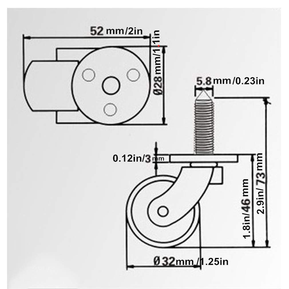 2pcs Roulettes en Laiton Massif,Roulettes Pivotantes pour Meubles avec Tige Filetée,Capacité de Charge 100kg,Diamètre de Roue 1.25 po/32mm,Convient aux Pieds de Piano,Canapés,Tables
