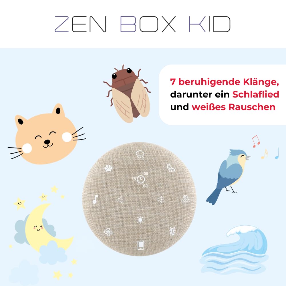 TERRAILLON - ZEN BOX KID, Baby Weißes Rauschen, Einschlafhilfe für Kinder, White Noise Machine mit 7 beruhigenden Klängen, Musik-Streaming via Bluetooth, 8 Lichtstimmungen, prog 15-30-60 min, USB-C