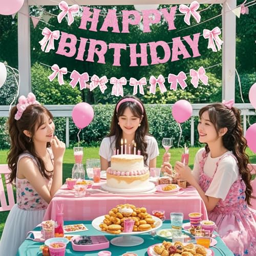 Image of Pink Bow Happy Birthday Banner for Coquette Party Decorations Bow Garland Bunting for Girls Party Decor Favor Supplies