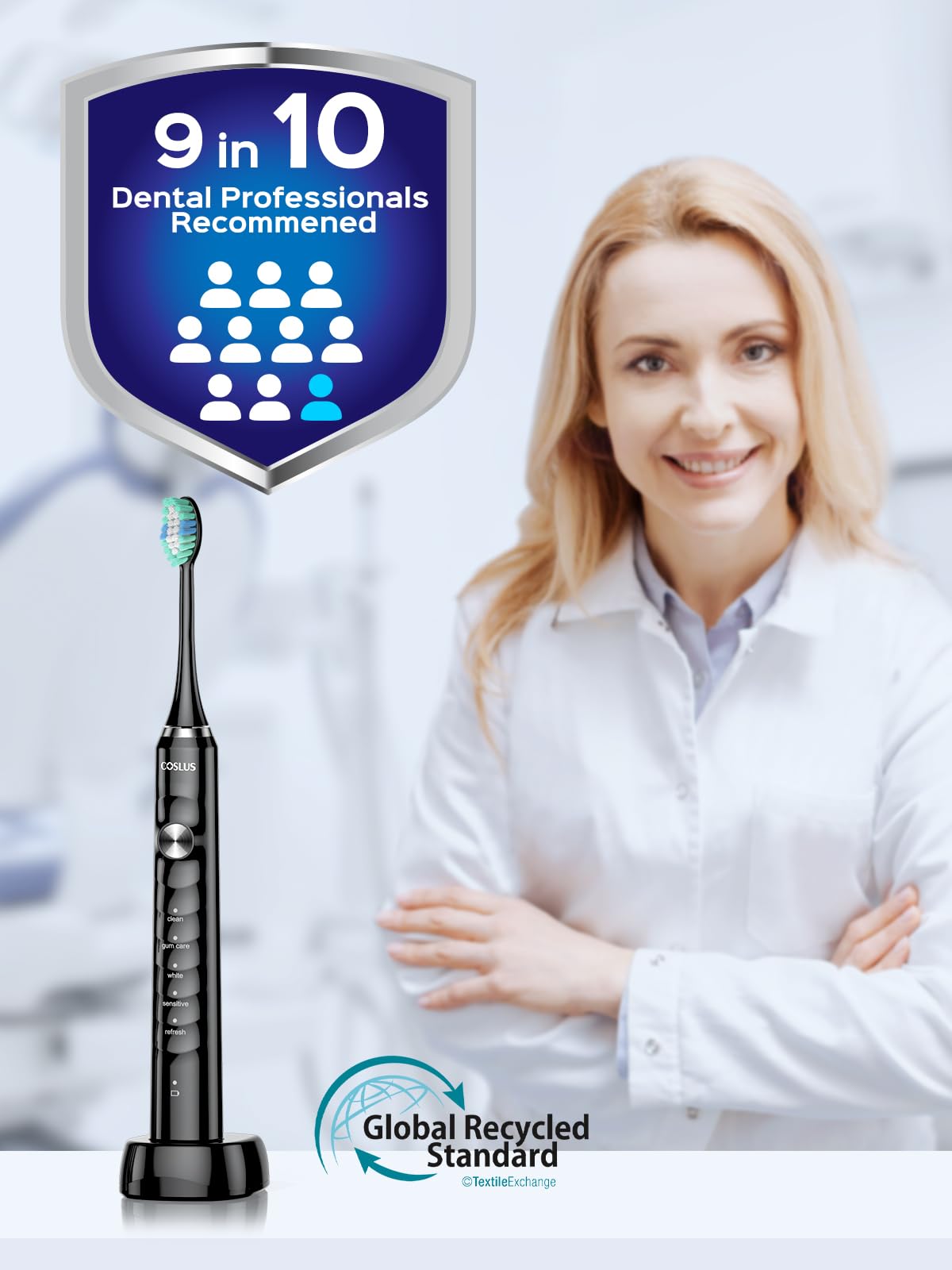COSLUS Sonic Electric Toothbrush for Adults: 47000 VPM for Deep Cleaning & Whitening with Travel Case - 5 Modes for Sensitive Teeth & Braces, Wireless Charging, 6 Brush Heads for Home Family, Black
