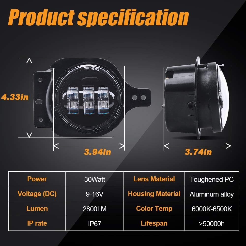 4 inch Round Sport LED Fog Lights Compatible with 2018-2021 Jeep Wrangler JL JT JLU Gladiator with 2 Pairs Mounting Brackets/JK Unlimited JKU Front Bumper Accessories 2007-2018 DOT(Black)