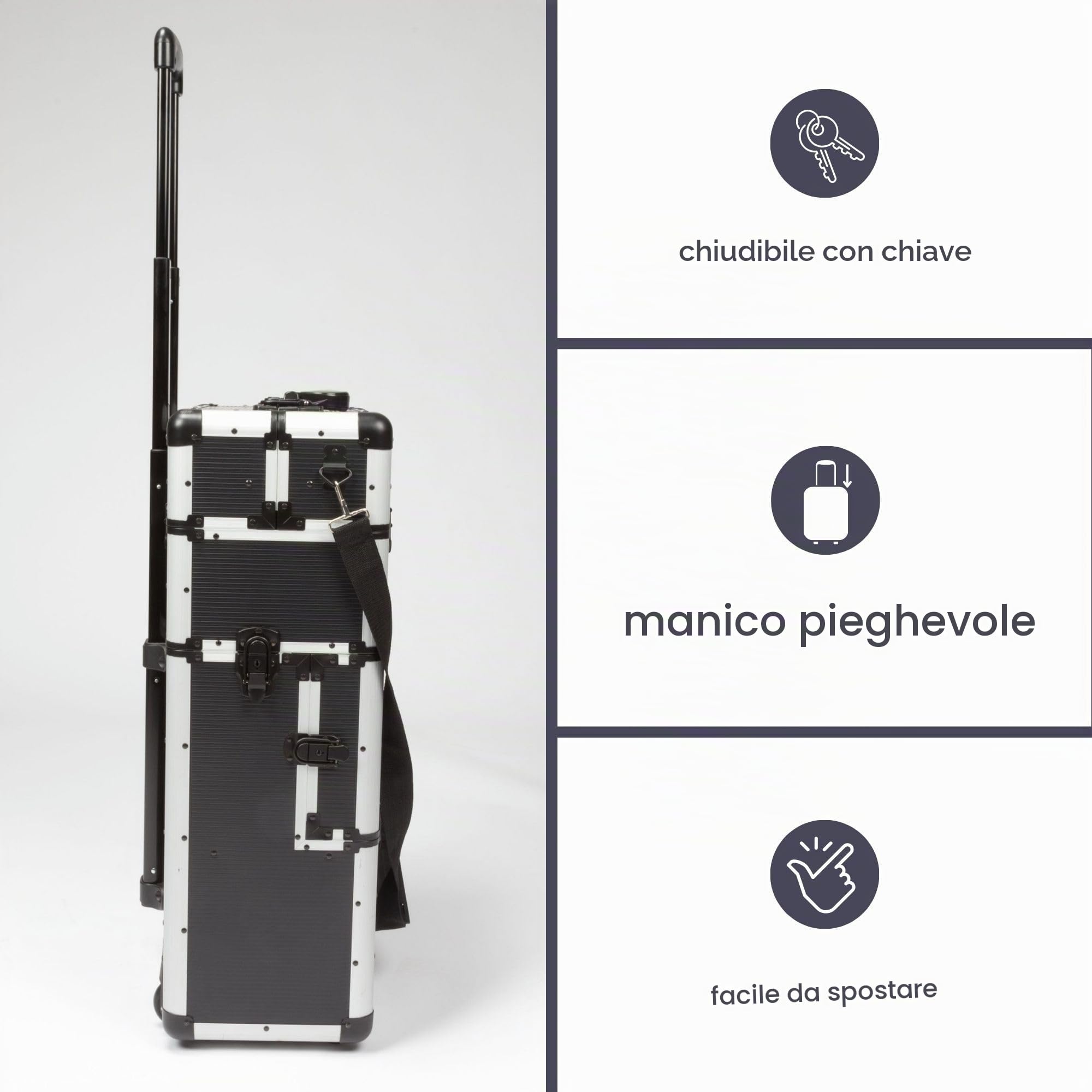 Perel Valigetta portautensili con ruote in alluminio nera, trolley con manico telescopico, 3 scomparti con organizer e vaschetta interna, chiusura a chiave con 2 chiavi, 370 x 225 x 670 mm, 66,9 l