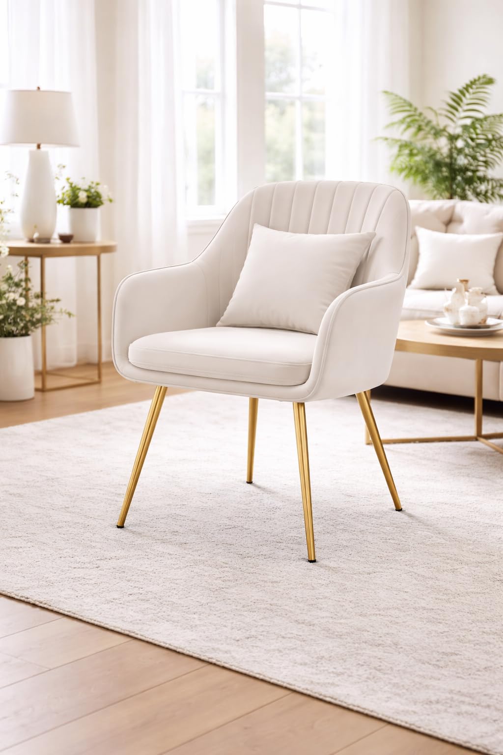 Velvet Chair for Home | Modern Accent Armchair in Soft Velvet Fabric with Golden Legs | Set of 2 Premium Accent Chair for Living Room Bedroom Restaurent | (Off White 1pc, Standard)-image-26