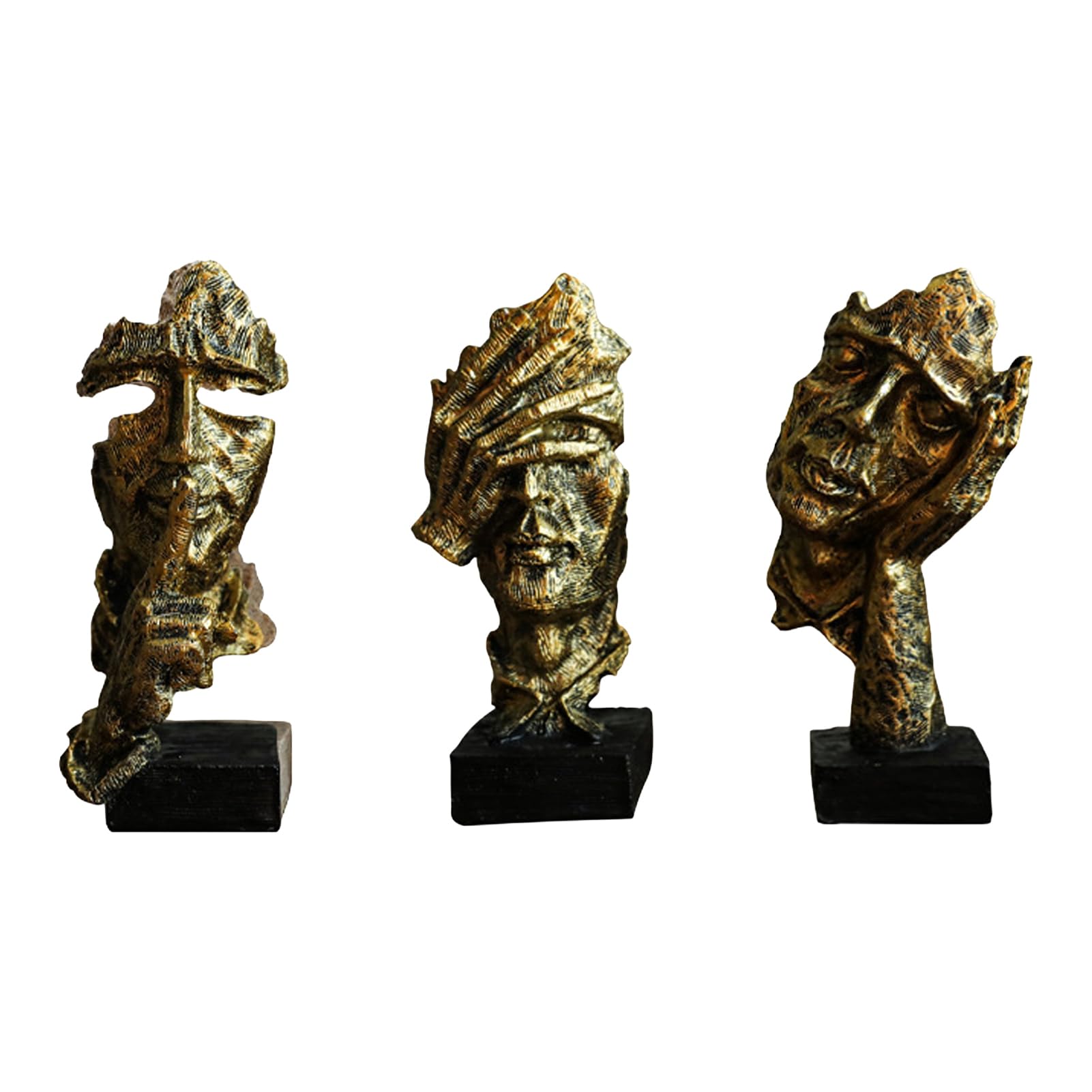 RetroNest 3Pcs Abstract Silence Is Gold Sculpture Set,Modern Artistic Home Decor Resin Statues For Bookshelf,Minimalist Thinker Figurine Unique Portrait Trio Gold Golden