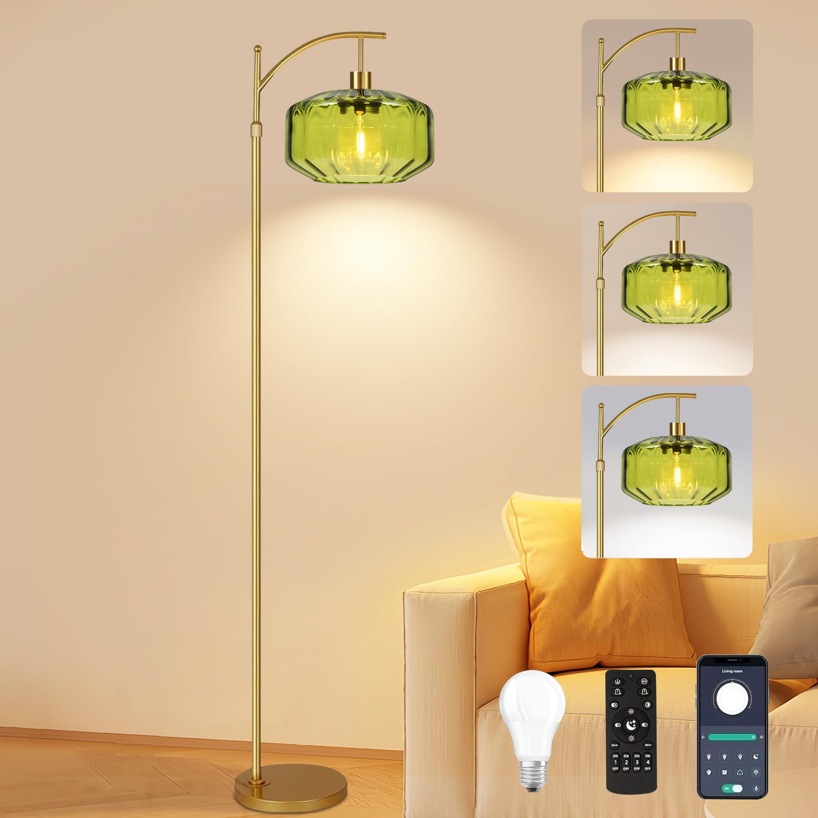 Gold Floor Lamps for Living Room Bedroom,Glass Floor Lamp with Remote Control &amp; Green Lampshade,Arc Dimmable Floor Lamp Mid Century Modern Standing Lamp Vintage Tall Floor Lamps for Bedroom Corner