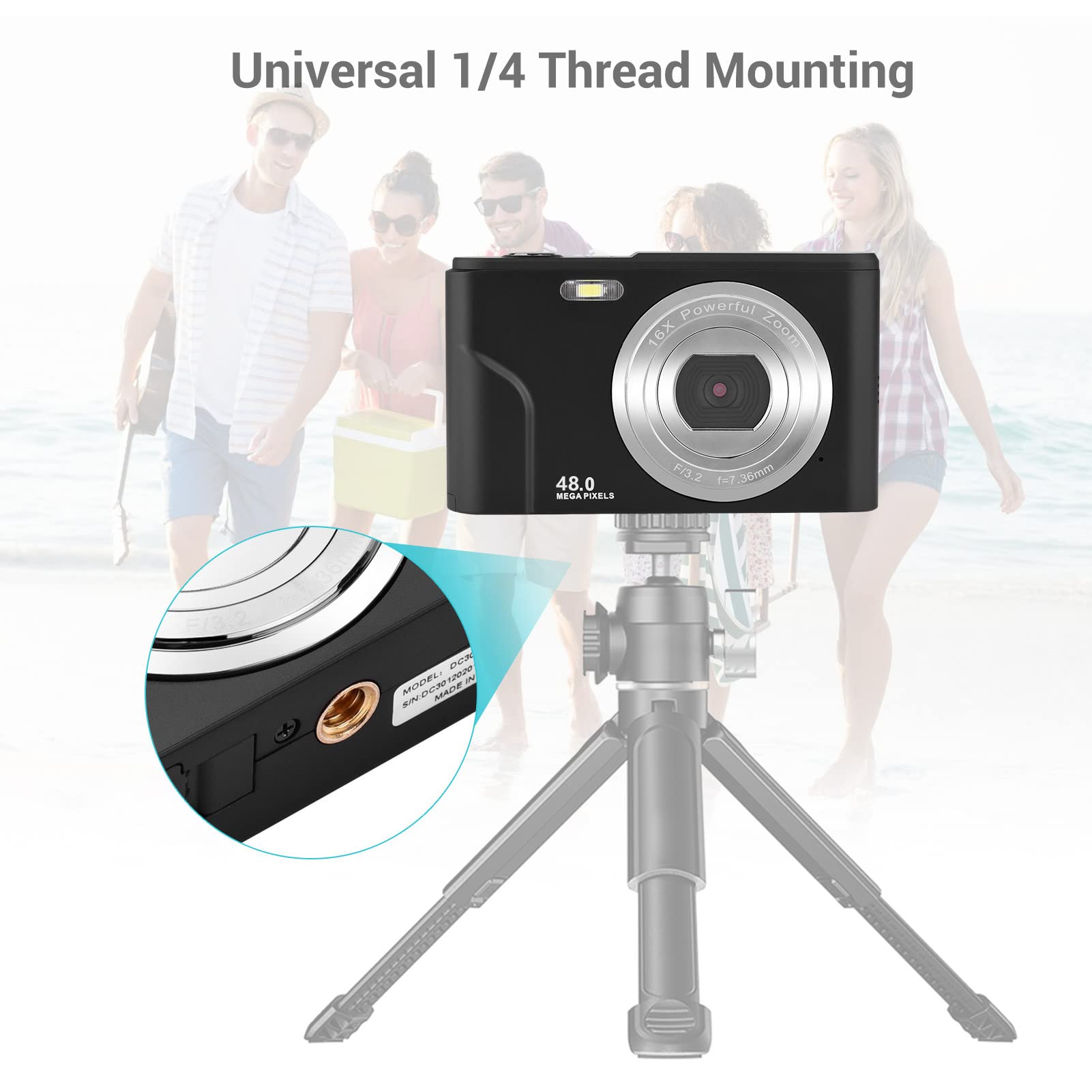 Andoer Aparat cyfrowy 48 MP 1080p 2,4-calowy ekran IPS 16-krotny zoom autofokus samowyzwalacz 128 GB rozszerzona pamięć, rozpoznawanie twarzy, funkcja anti-shaking z 2 bateriami, pasek na rękę, torba do przenoszenia