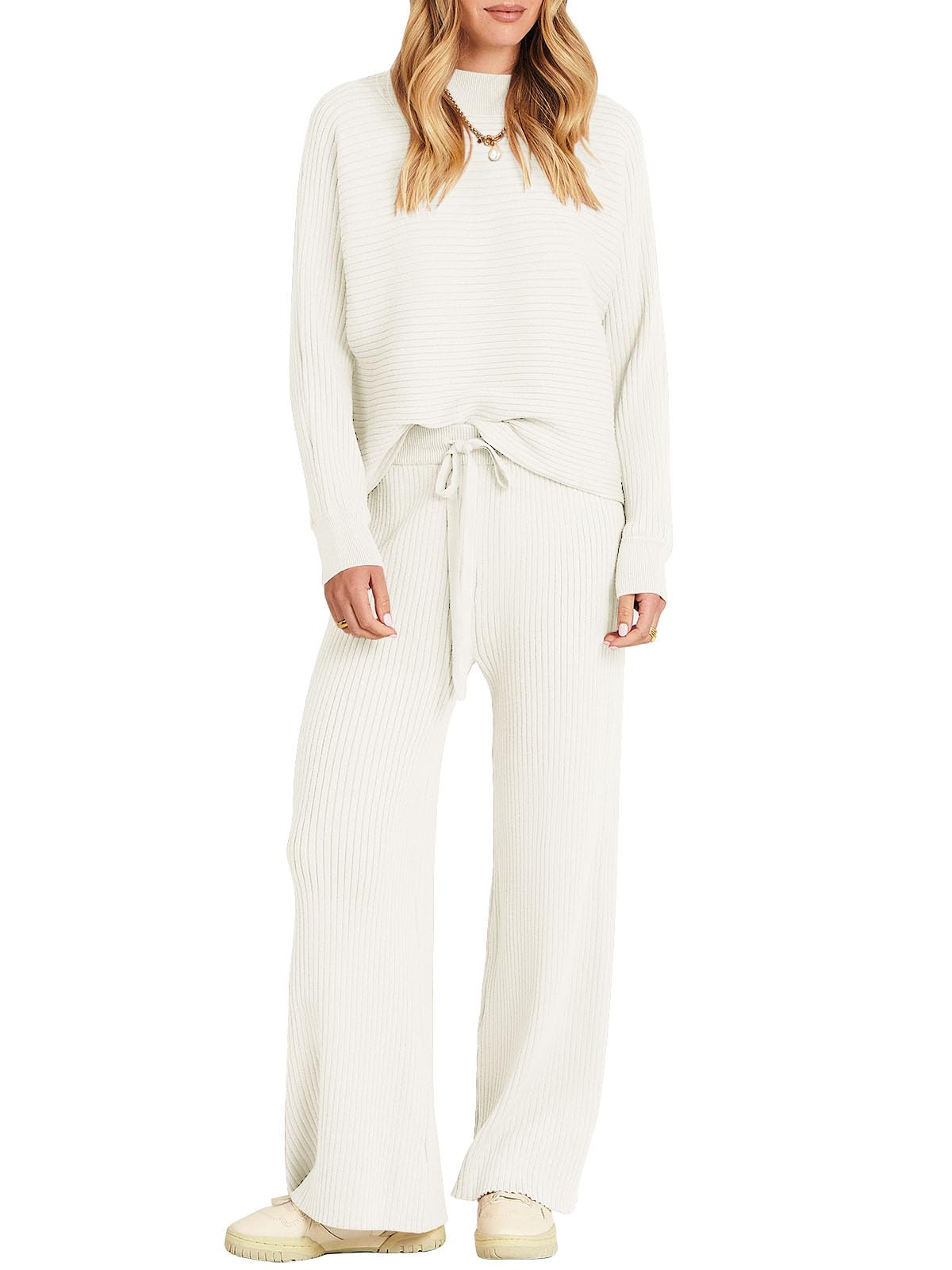 ANRABESS Women's Two Piece Outfits Crop Top Wide Leg Pants Cozy Knit  Sweater Lounge Sets 2024 Fall Trendy Travel Clothes