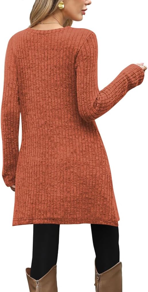 Poetsky Women Long Sleeve Tunic Tops to Wear with Leggings Side Buttons Long Shirts Rib Sweater Dress with Pockets S-3XL - Image 2