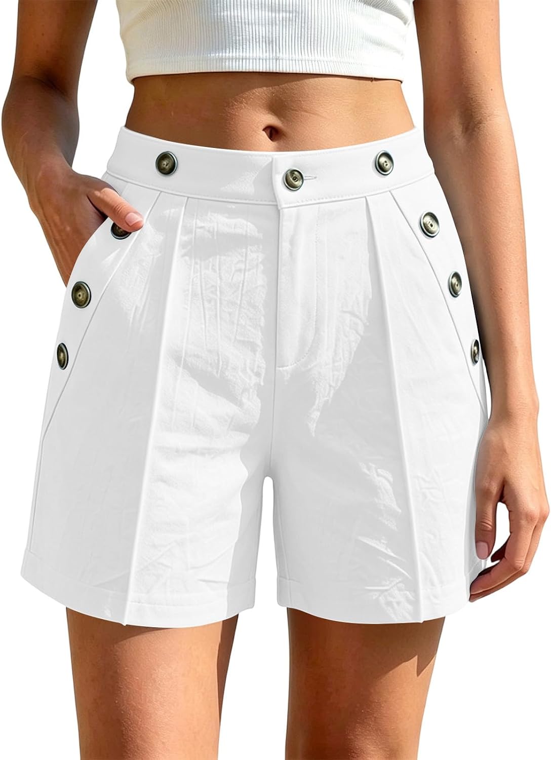Pleated Shorts Womens Summer Dressy Casual Bermuda Shorts High Waisted Button Sailor Trouser Pants with Pockets