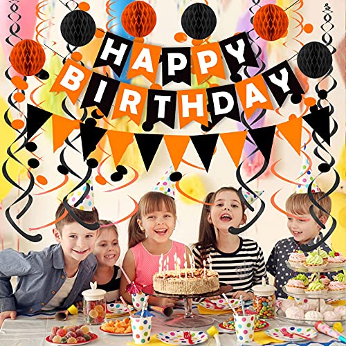 Fecedy Black Orange Happy Birthday Banner Paper Triangle Flag Bunting Circle Confetti Dots Hanging Garland And Honeycomb Ball Swirl Streamers For Birthday Baby Shower Halloween Party Decoration #TOP3