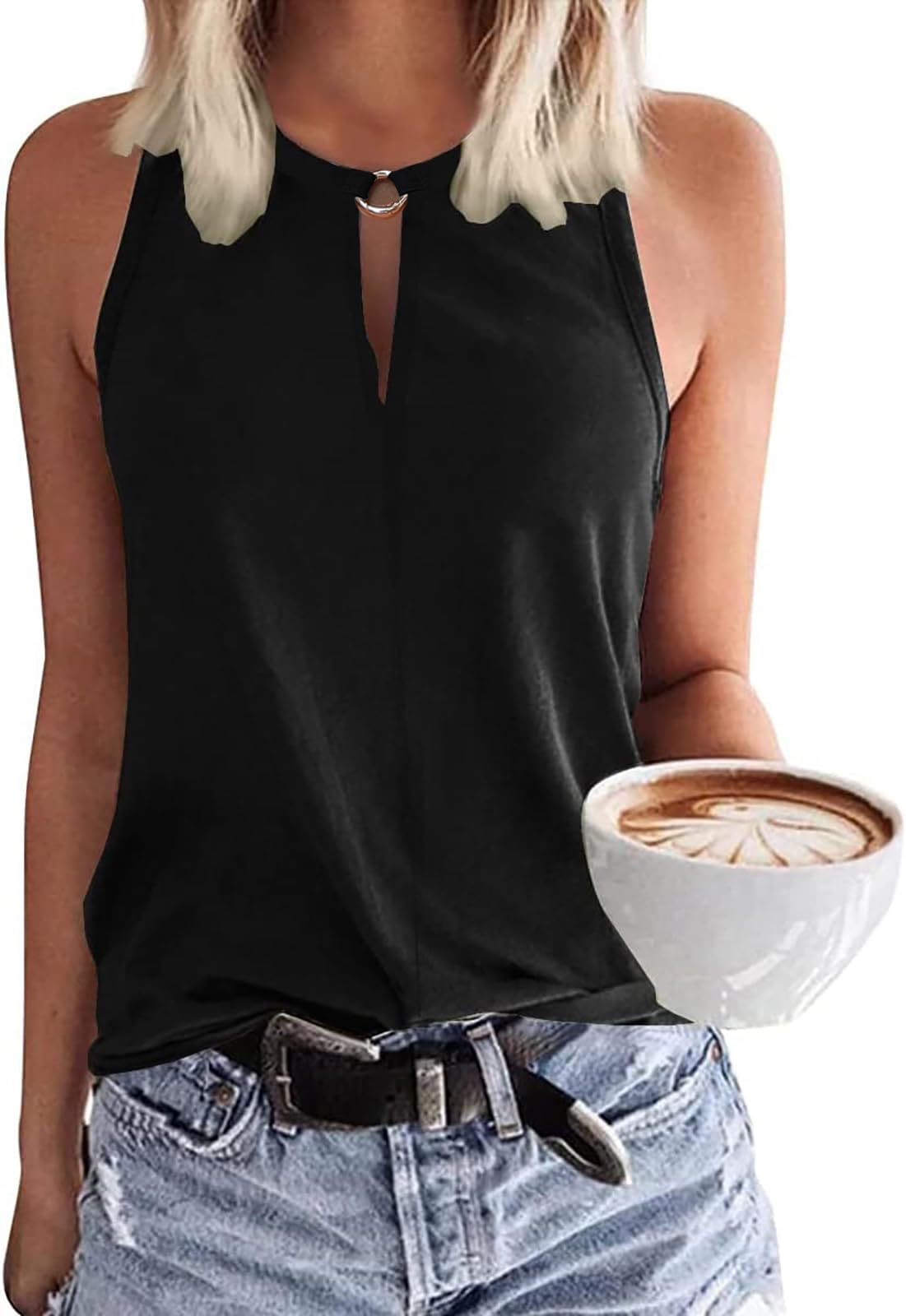 RIROW Tank Tops Women Sleeveless Keyhole V Neck Summer Shirt 2024 New S-2XL